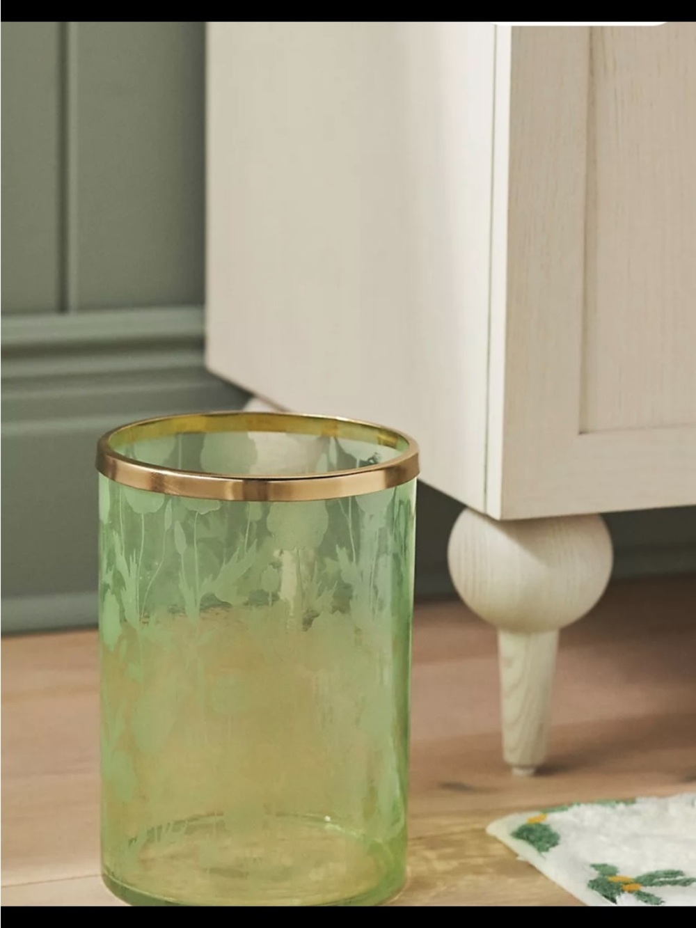 Anthropologie Floral Etched Glass 5 Piece Bath Accessories with Gold Trim. - Picture 2 of 6